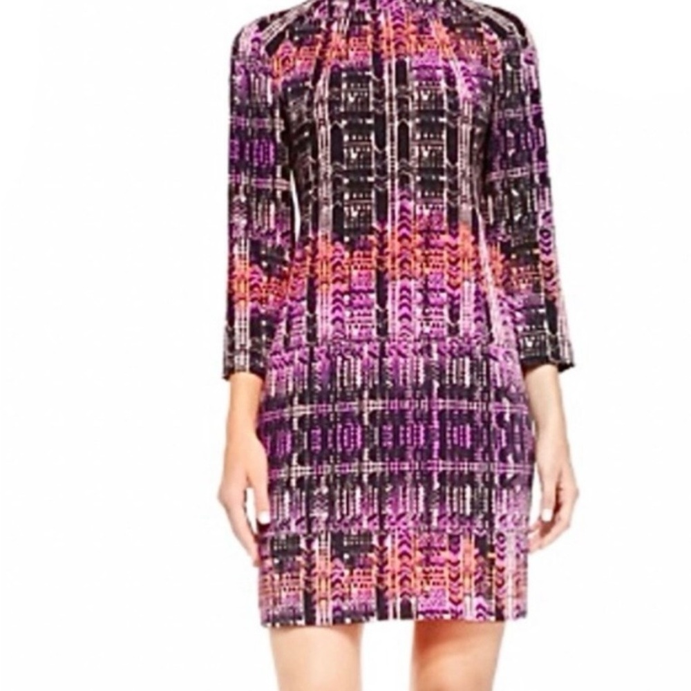 Nanette Lepore Purple Black Abstract Print Long Sleeve Mock Neck Shift‎ Dress 8